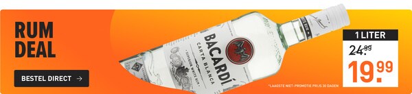 Rum deal: 1 liter bacardi carta blanca van &euro;24,99&nbsp;voor&nbsp;&euro;19,99